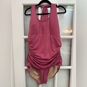 Newport News Swim Pink Mauve Halter Ruched One Piece Swimsuit Plus Size 20W